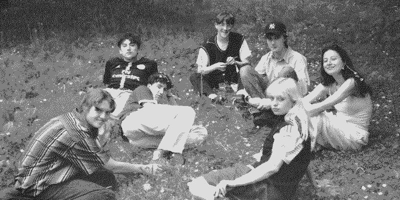 A picture of the 7 members of Black Country, New Road sitting on the grass