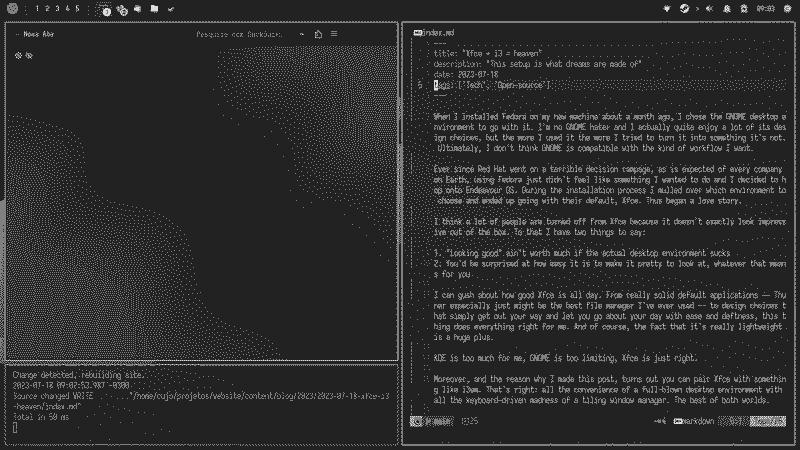 A screenshot of my desktop while I&rsquo;m writing this post, with tiled terminal windows and a browser.